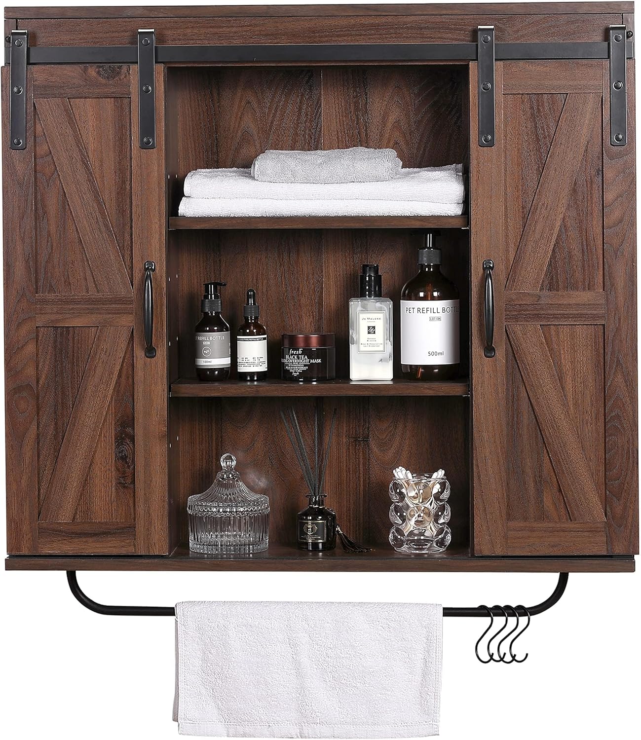 RUSTOWN Rustic Wood Wall Storage Cabinet with Two Sliding Barn Door, 3-Tier Deco...