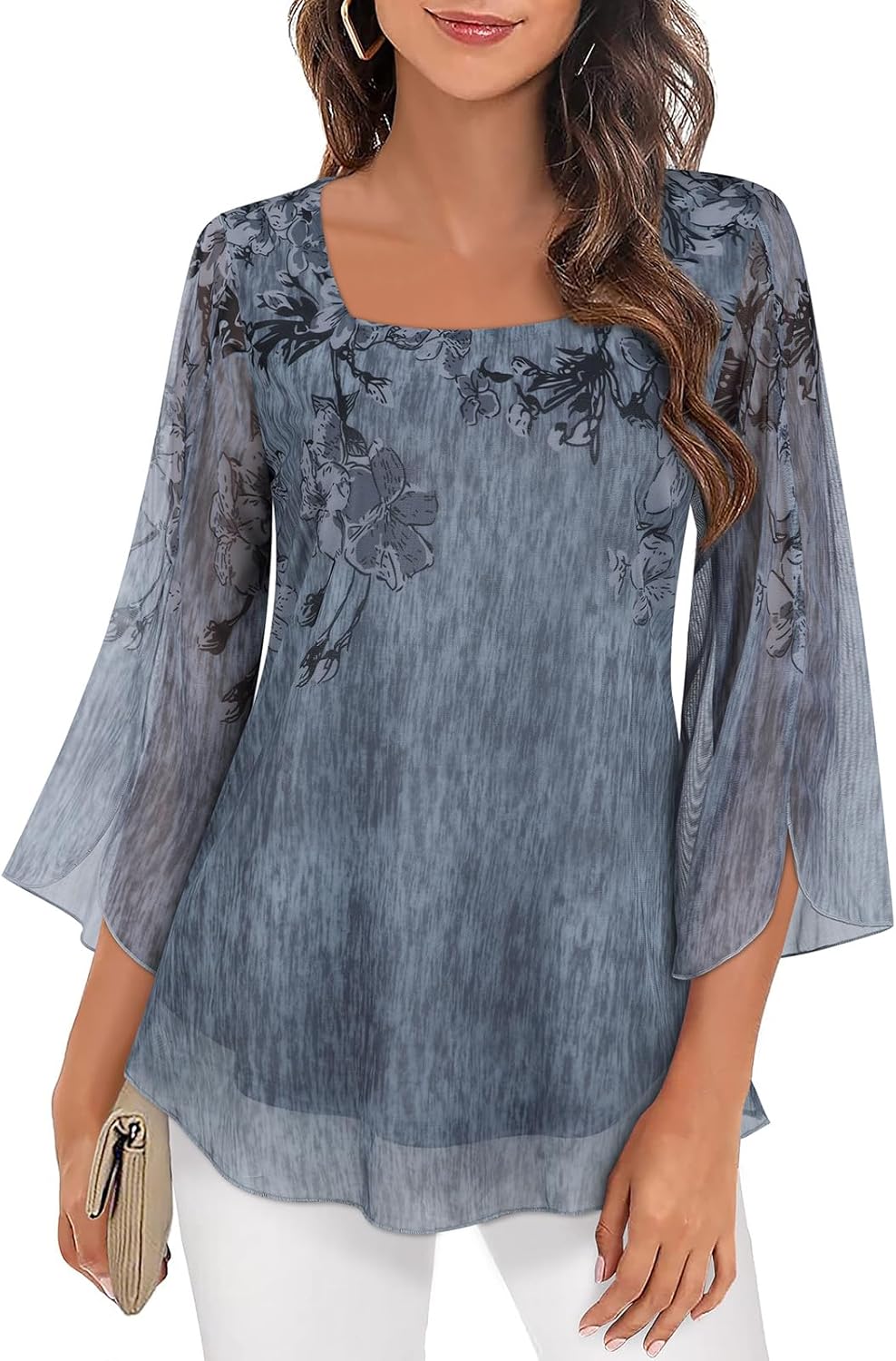 Syphiby Womens Blouses Ruffle 3/4 Sleeve Tunic Tops Loose Flowy Square Neck Chif...