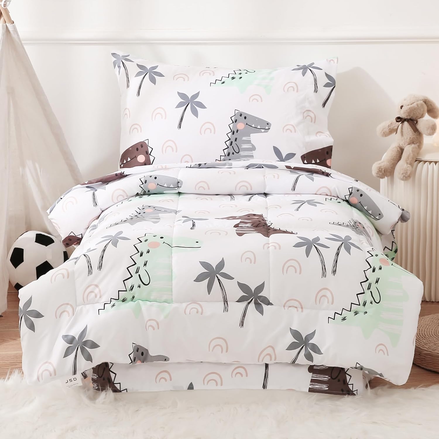 JSD Dinosaur Toddler Bedding Set, 4 Piece Bed-in-a-Bag Toddler Comforter Sheet S...