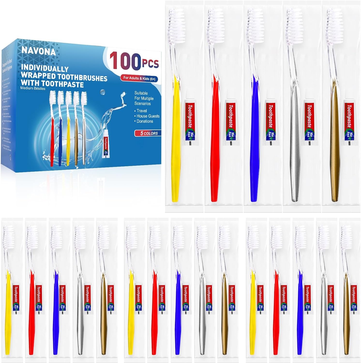 100 PCS Individually Wrapped Toothbrushes with Toothpaste Bulk, Disposable Tooth...