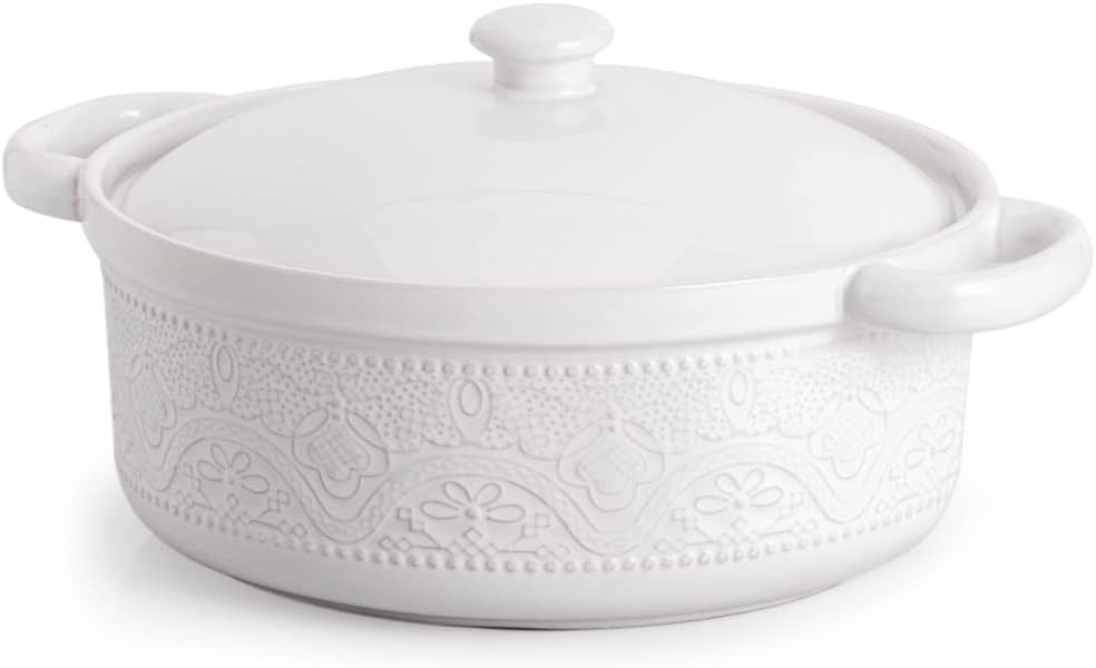 FUN ELEMENTS Casserole Dish, 2 Quart Lace Emboss Dish with Lid, Oven to Table Ce...