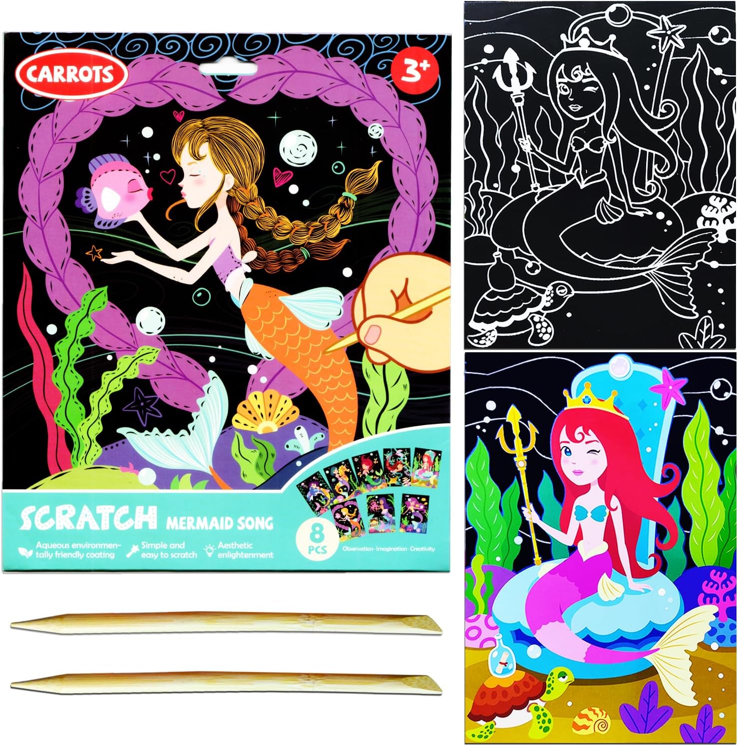 JUNQIU Scratch Art for Kids, Mermaid Black Rainbow Scratch Art Paper Set-Arts an...