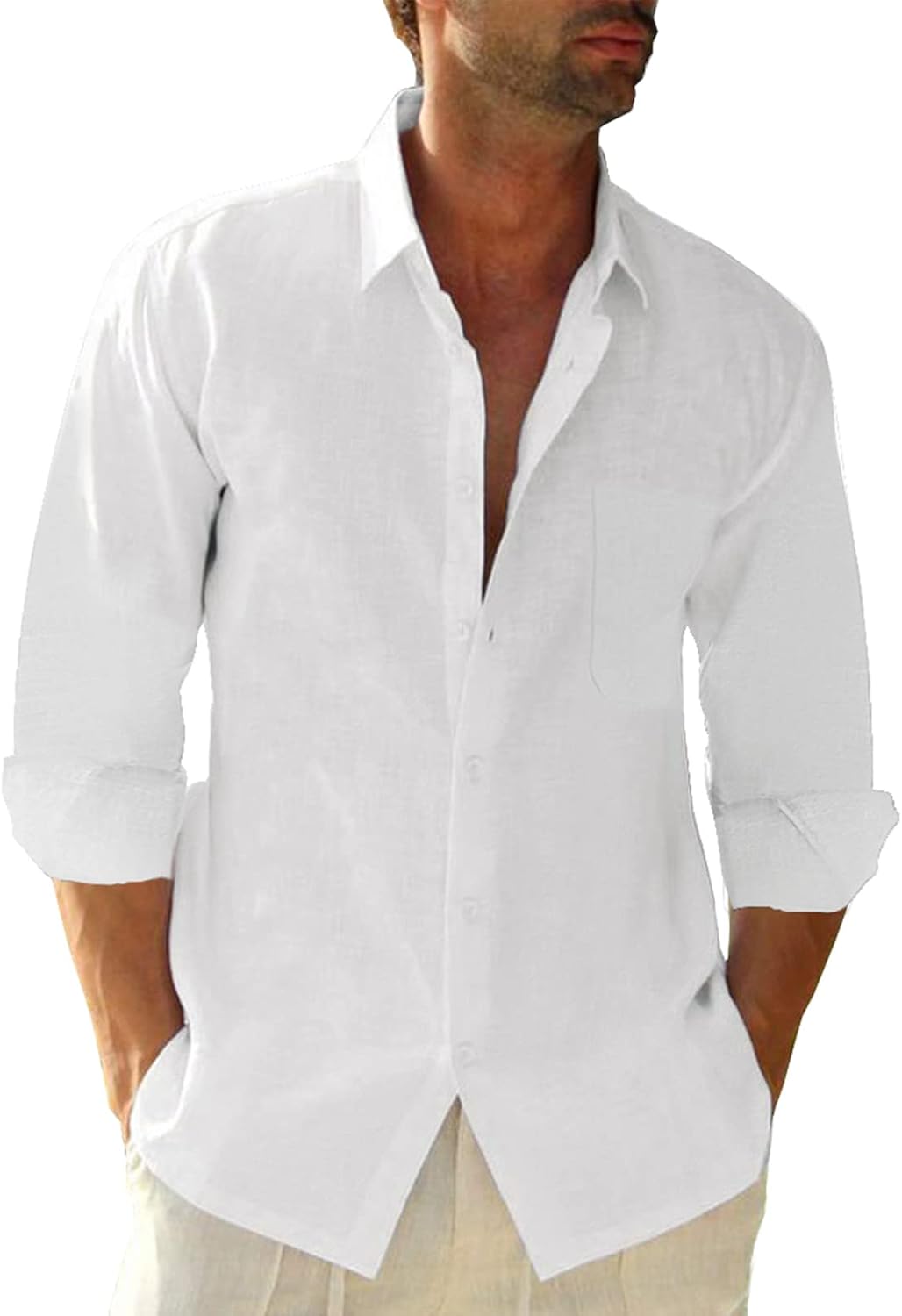 Button Down Linen Shirts for Men Casual Long Sleeve Regular Fit Cotton Beach Shi...