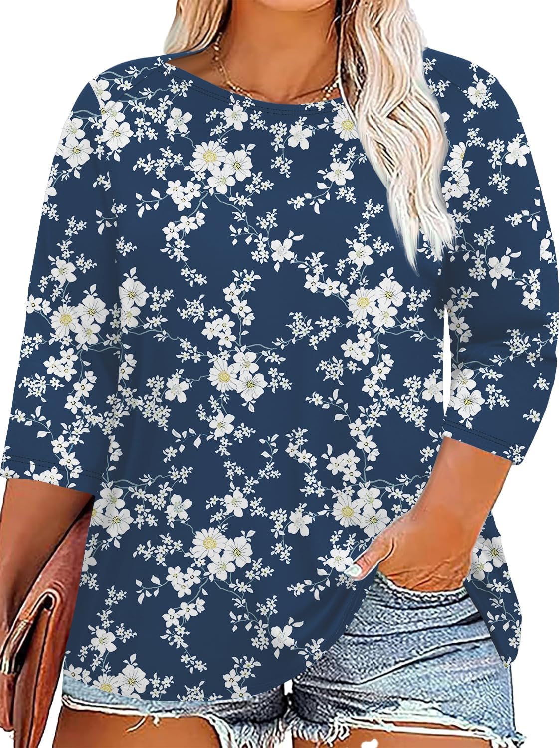 Rapbin Womens Plus Size 3/4 Length Sleeve Tops Boat Neck Loose Fit Tee Tunic Blo...