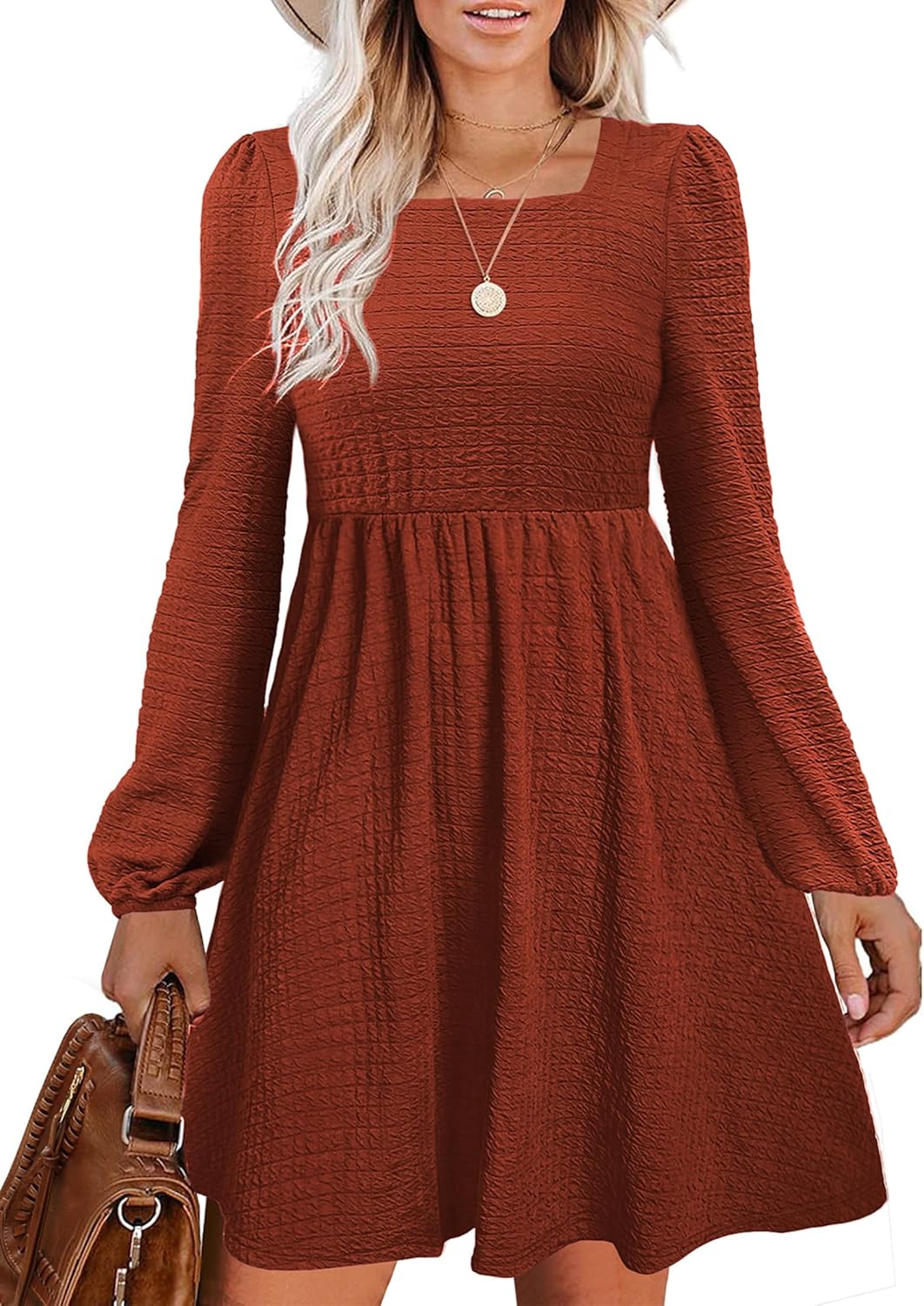 Womens Babydoll Dresses Square Neck Long Sleeve Knee Length Flowy Swing Shirring...
