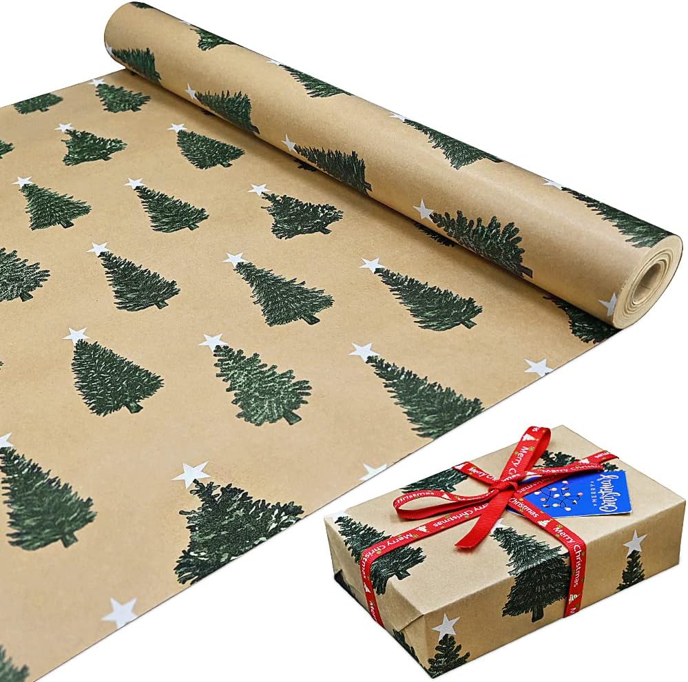 16m Roll of Kraft Green Tree Wrapping Paper Roll,Colorful Gift 100% Recyclable E...