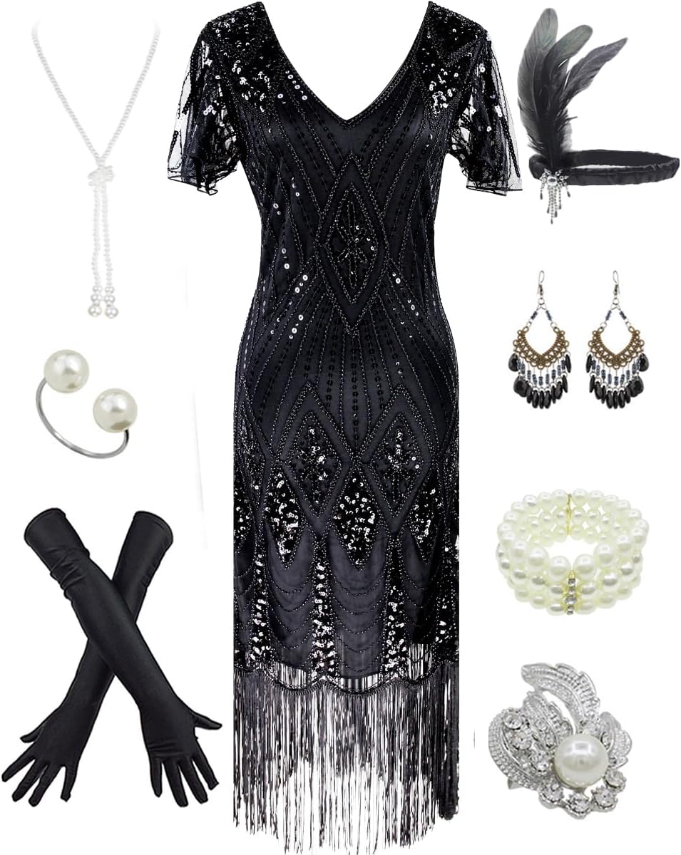 Fancy Clothing Women's 1920s Gatsby Inspired Sequin Beads Long Fringe Flapper Dr...