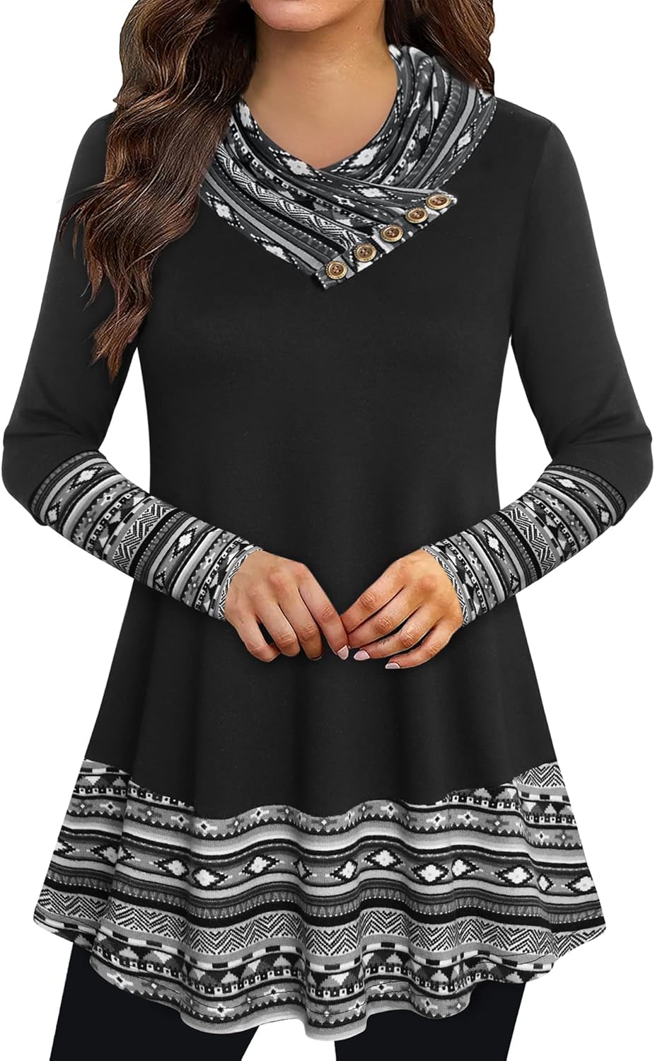 Cowl Neck Tunics Long Sleeve Patchwork Form Fitting Casual A-Line Top Blouse Bla...