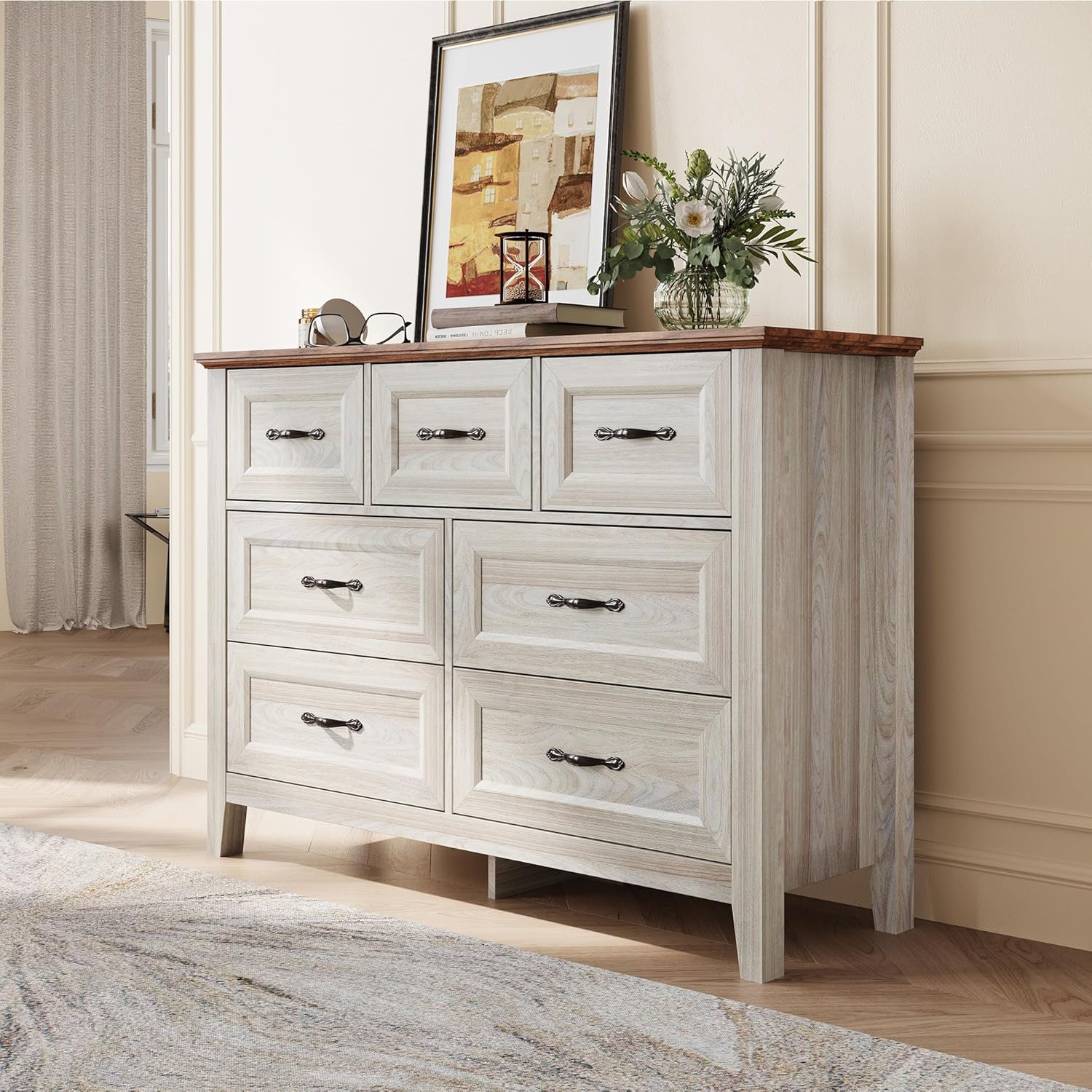 LINSY HOME Dresser for Bedroom, 7 Drawer Dresser with Metal Handles, White Chest...