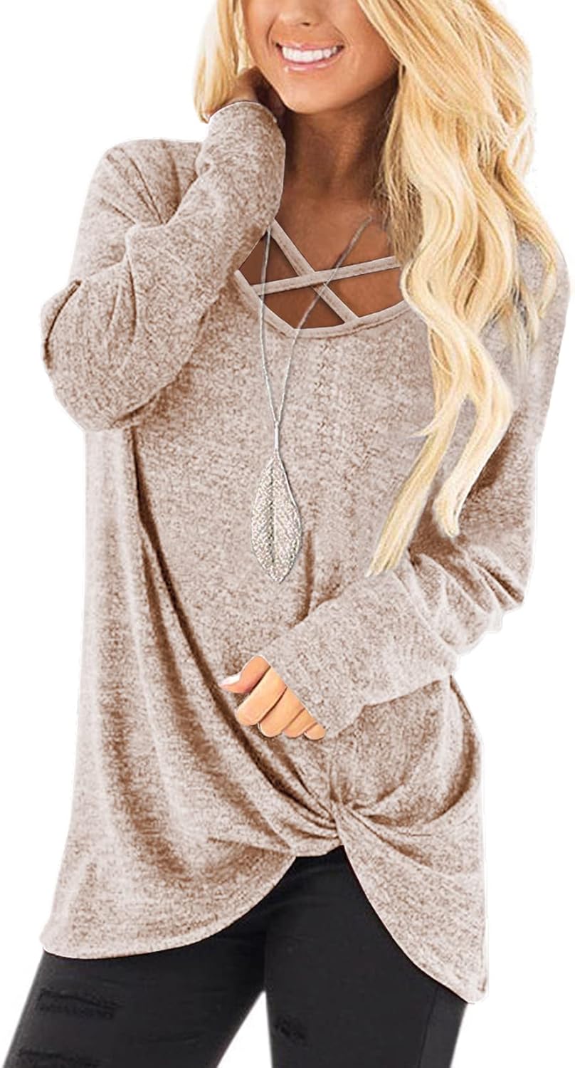 NIASHOT Womens Long Sleeves Tops V Neck Casual Fall Sweaters Shirts A-khakicamel...