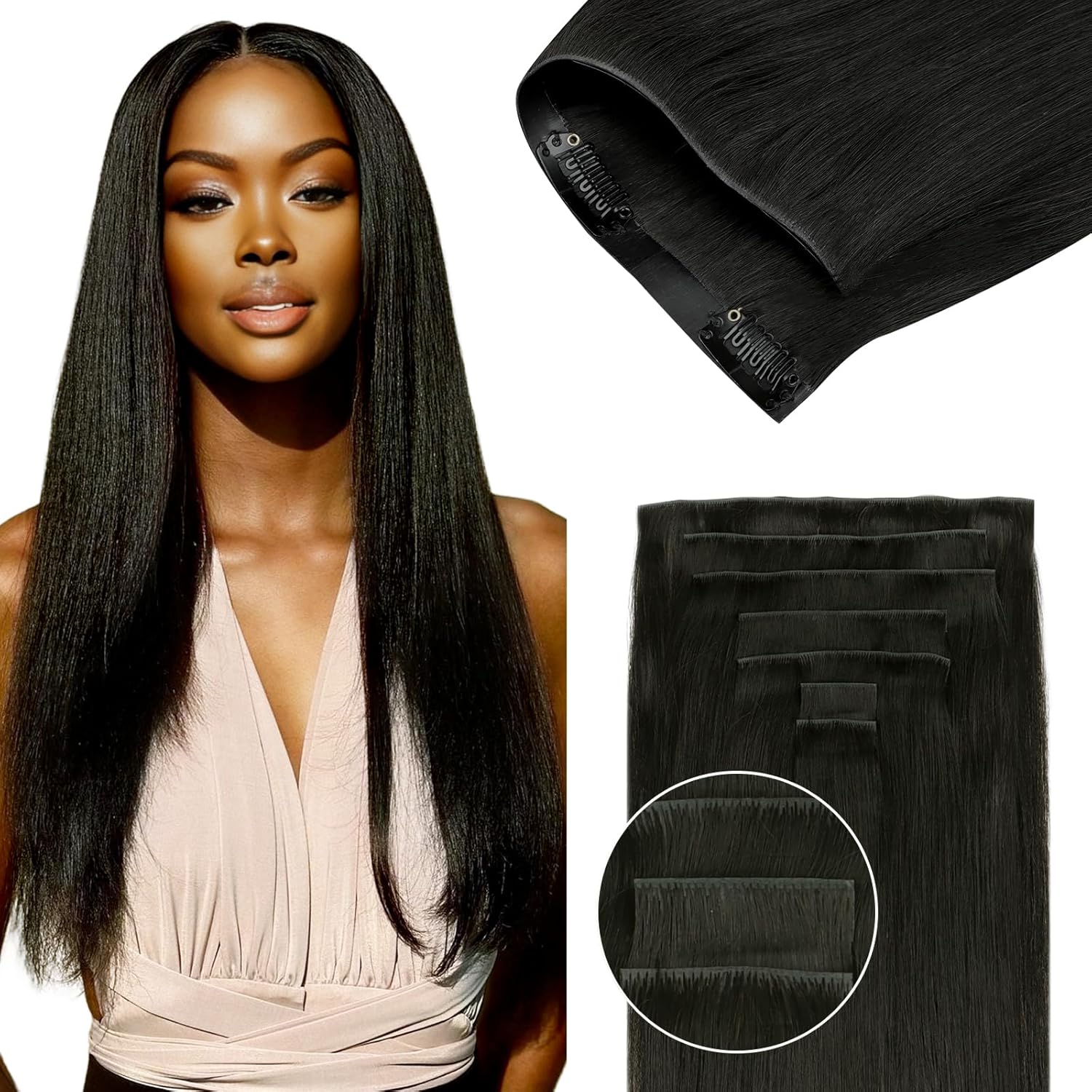 Lashey Invisi Edge Clip in Hair Extensions, 7pcs 110g 24 Inch Natural Black Seam...