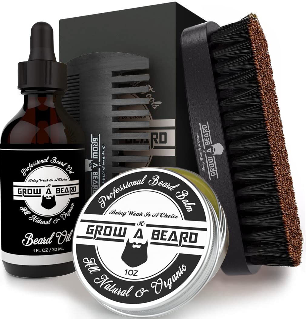 Beard Brush, Beard Comb, Beard Oil, & Beard Balm Grooming Kit for Men's Care, Tr...