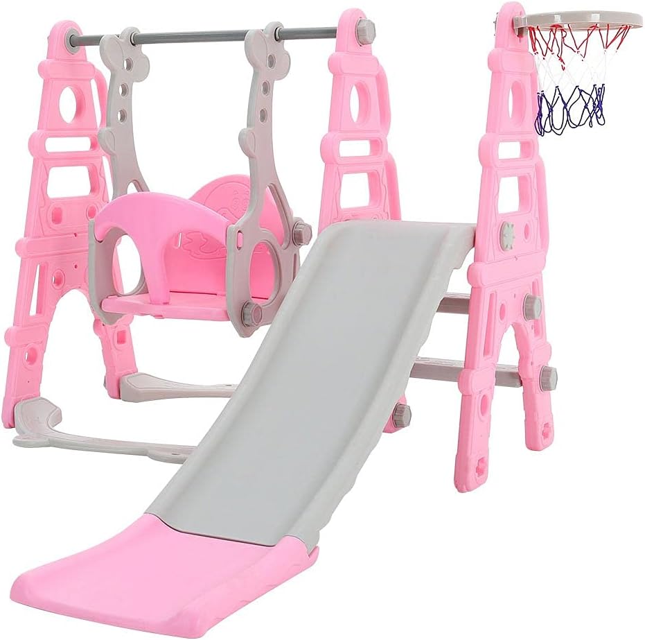 FUKEA Baby Swing Slide, 4-in-1 Toddler Slide and Swing Set with Basketball Hoop,...