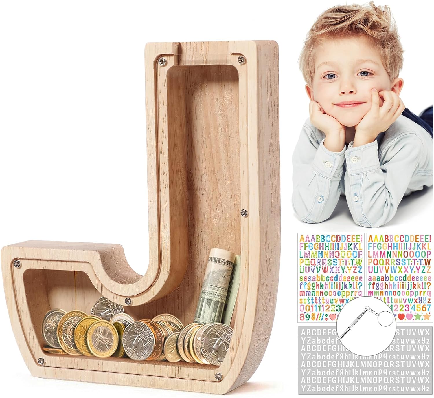 MoneRffi Personalized Letters Wooden Piggy Bank, A-Z Letters Coin Bank Money Box...