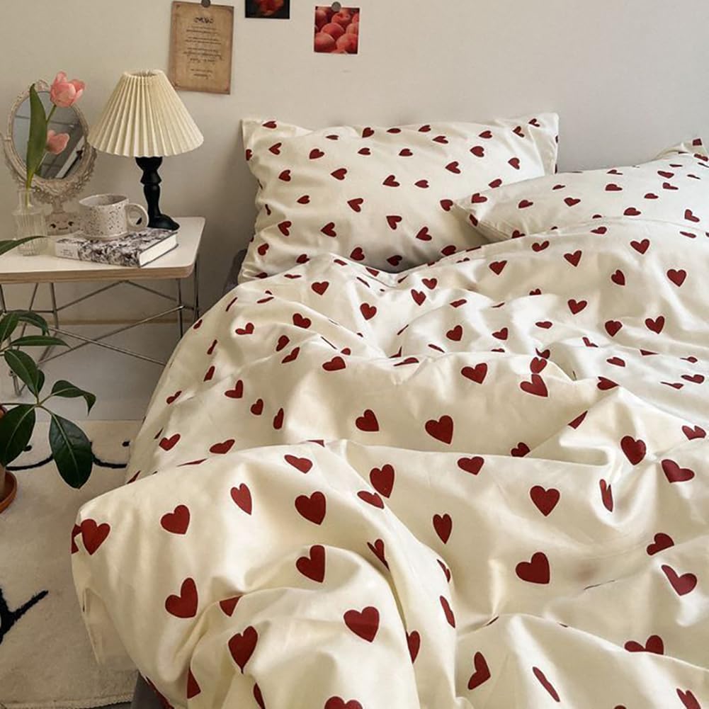 Michorinee Red and White Heart Double Duvet Cover Set Aesthetic Red Love Heart B...