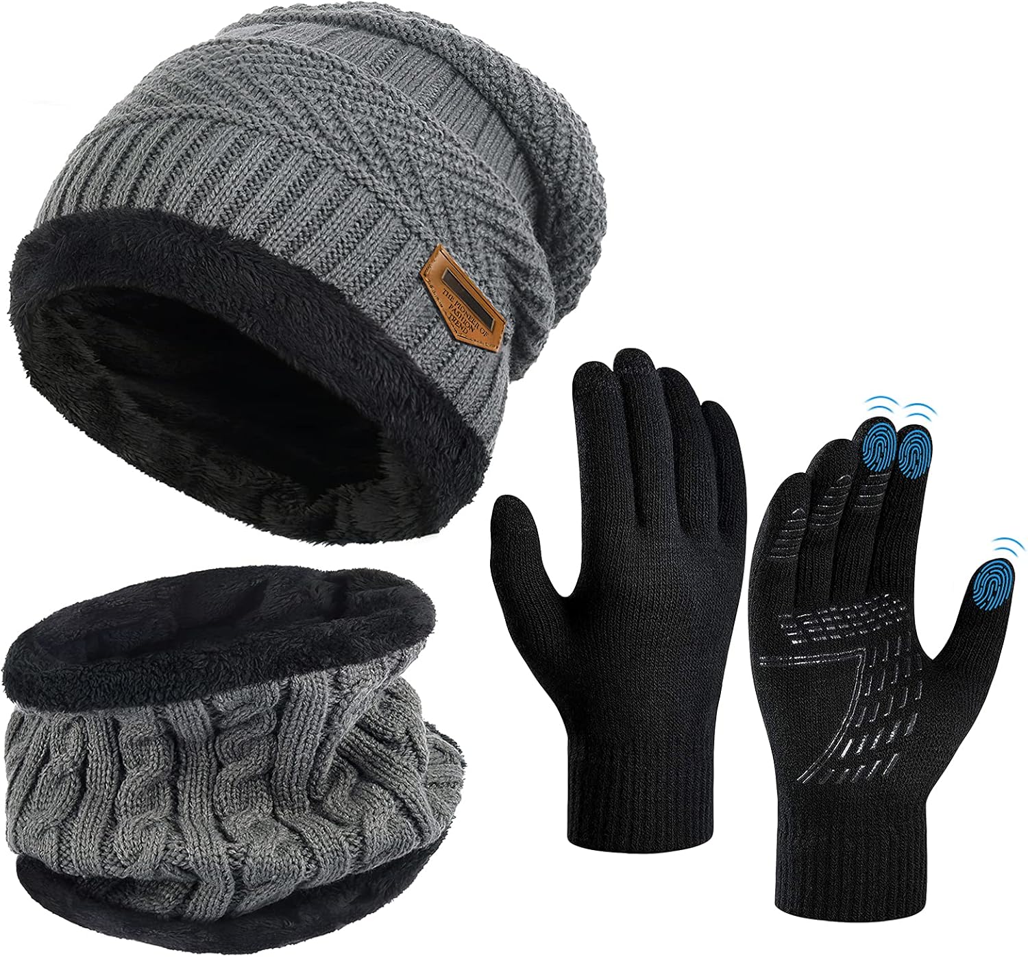 OOPOR Winter Hat Scarf Gloves Set - Thermal Warm Knitted Beanie Cap Circle Neck...