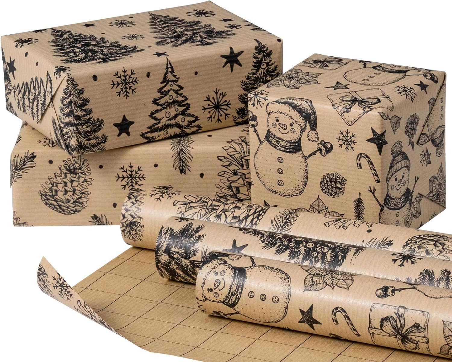 RUSPEPA Christmas Kraft Wrapping Paper Roll - Black Tree, Snowman and Pinecone -...