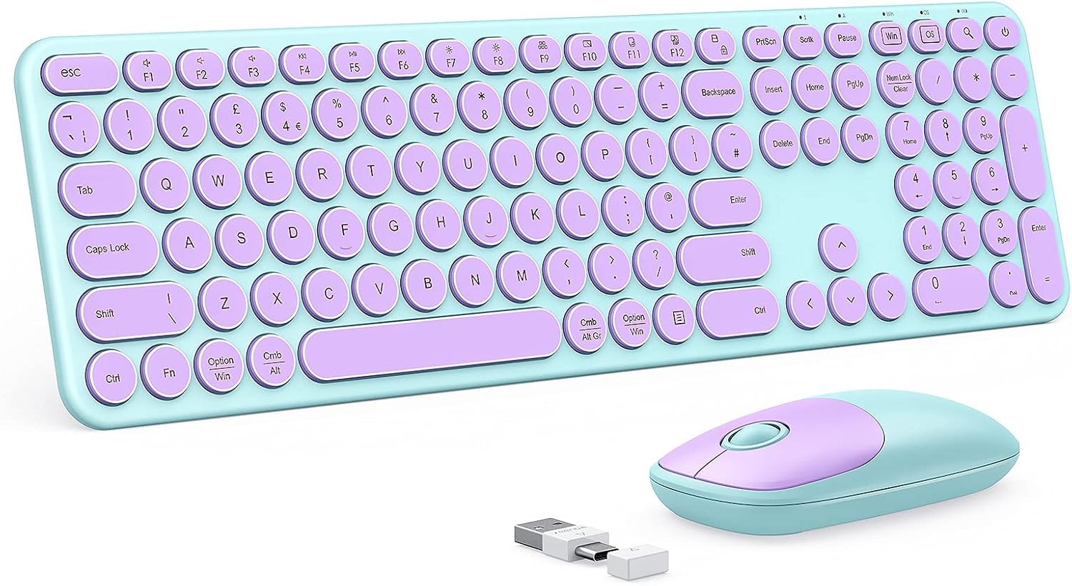 Wireless Keyboard and Mouse, USB A and USB C Colorful Cute Wireless Mouse and Ke...