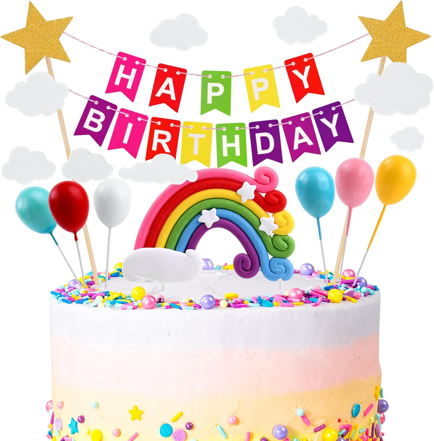 OSDUE Happy Birthday Cake Toppers, Rainbow Balloon Cloud Theme Party Decorations...