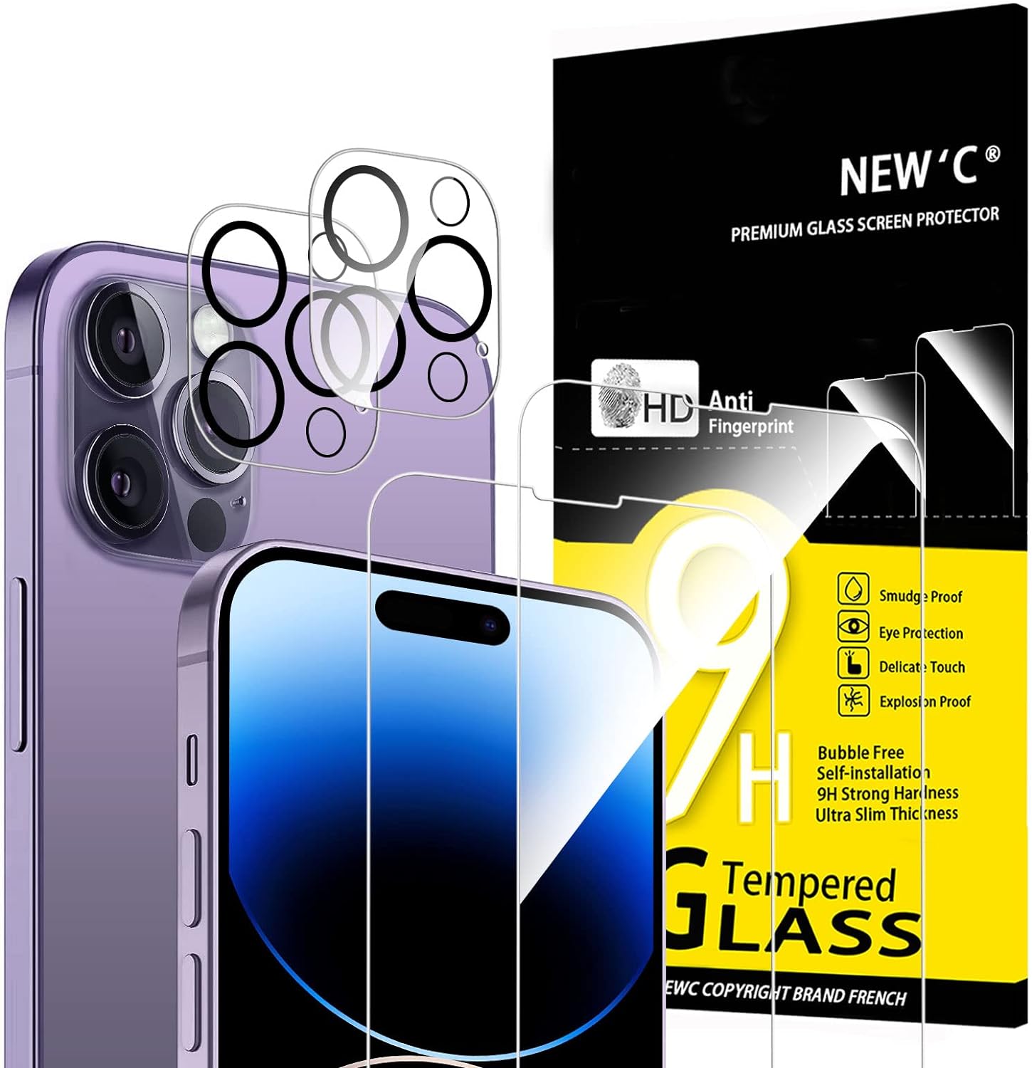 NEW'C 4 Pack, 2 Pack Screen Protector for iPhone 14 Pro [6.1 inch] + 2 Pack Came...