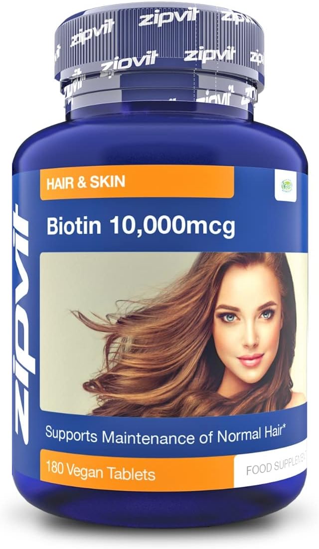 Zipvit Biotin Hair Growth Supplement 10000mcg, 180 Vegan Tablets (6 Months Suppl...