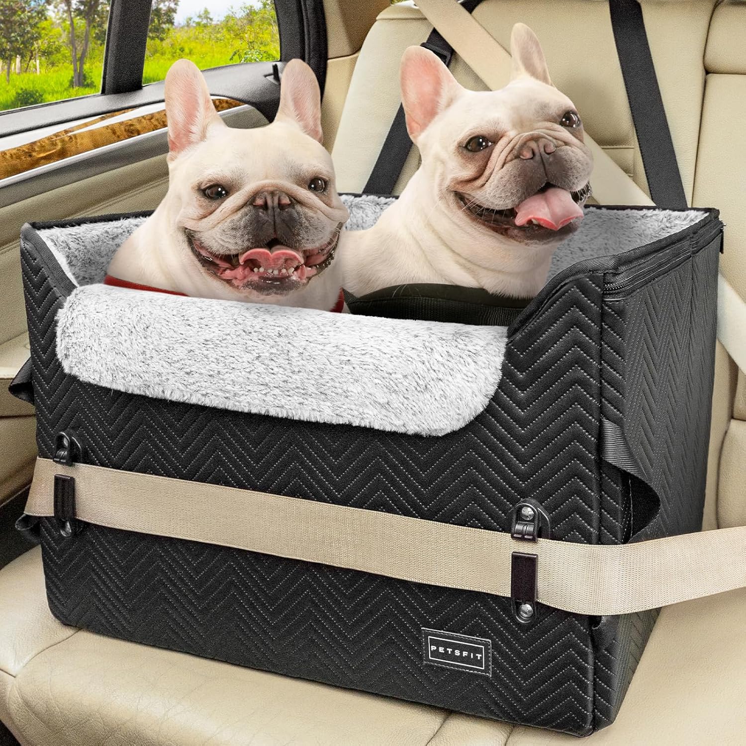 PETSFIT Dog Car Booster Seat Medium Dog Car Seat with 2 Clip-On Safety Leashes,...