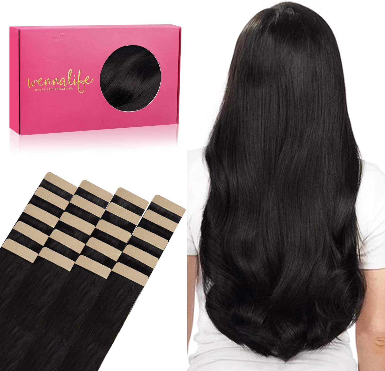 WENNALIFE Tape in Hair Extensions Human Hair, 20pcs 18 inch 50g Natural Black Re...