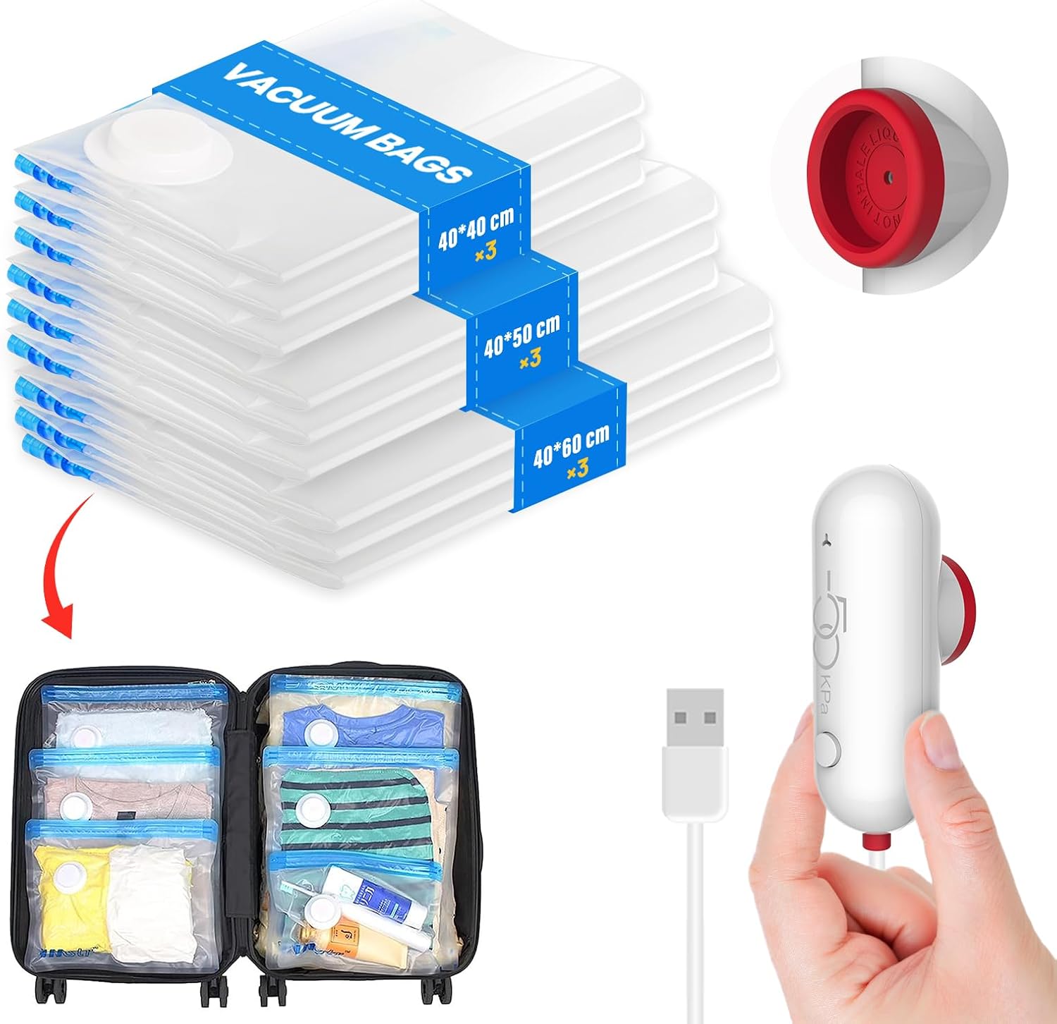Vacbird Vacuum Storage Bags For Clothes with USB Electric Pump, 9-Pack Vacuum Ba...
