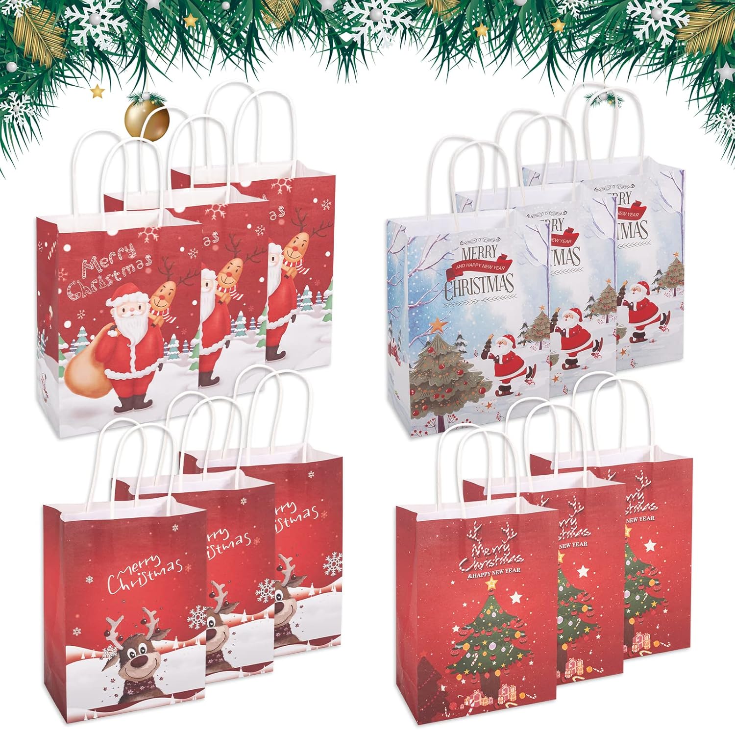 Christmas Kraft Paper Bags, SMALUCK 12 Pieces Xmas SMALL Assorted Paper Goodie B...