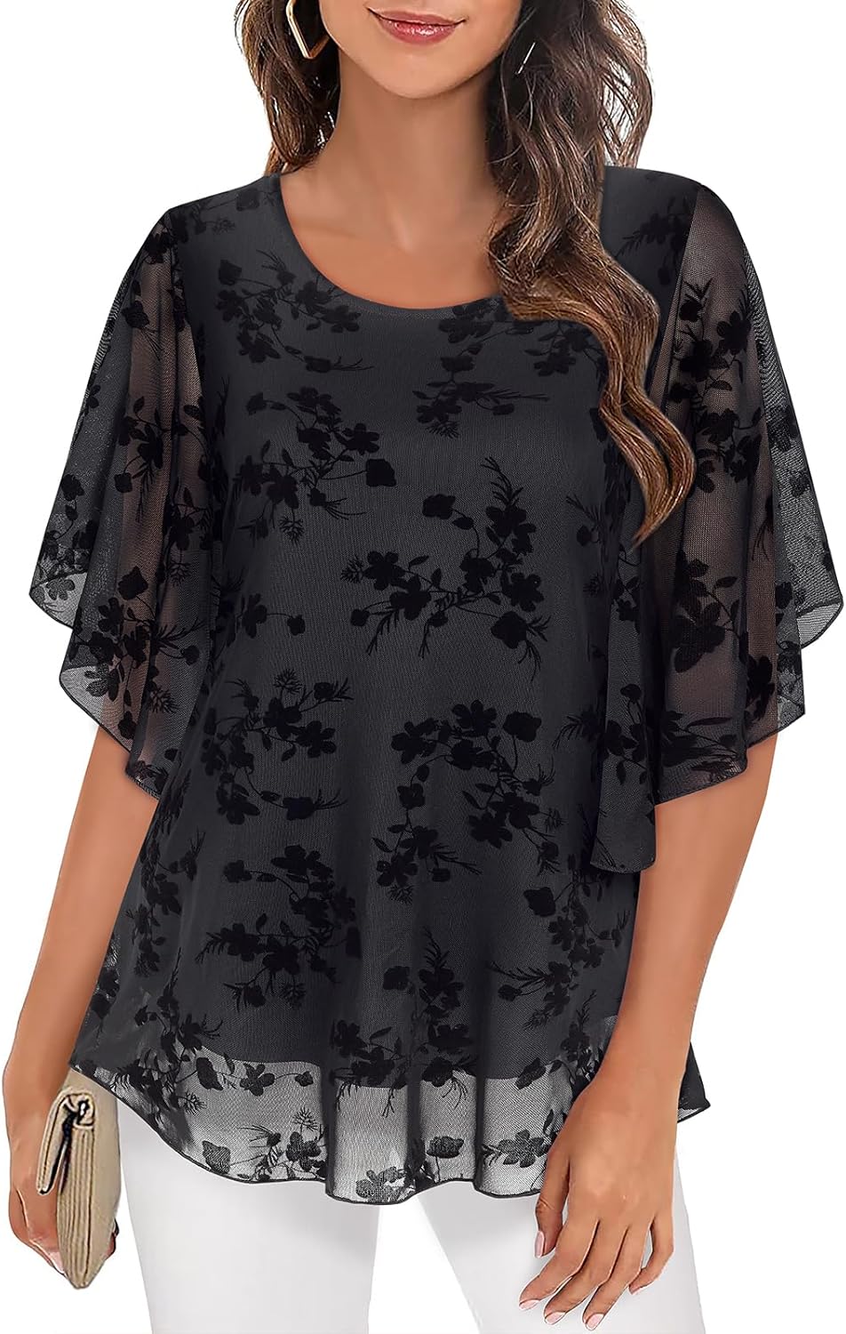 Syphiby Womens Blouses Ruffle 3/4 Sleeve Mesh Ladies Tops Chiffon Double-Layered...