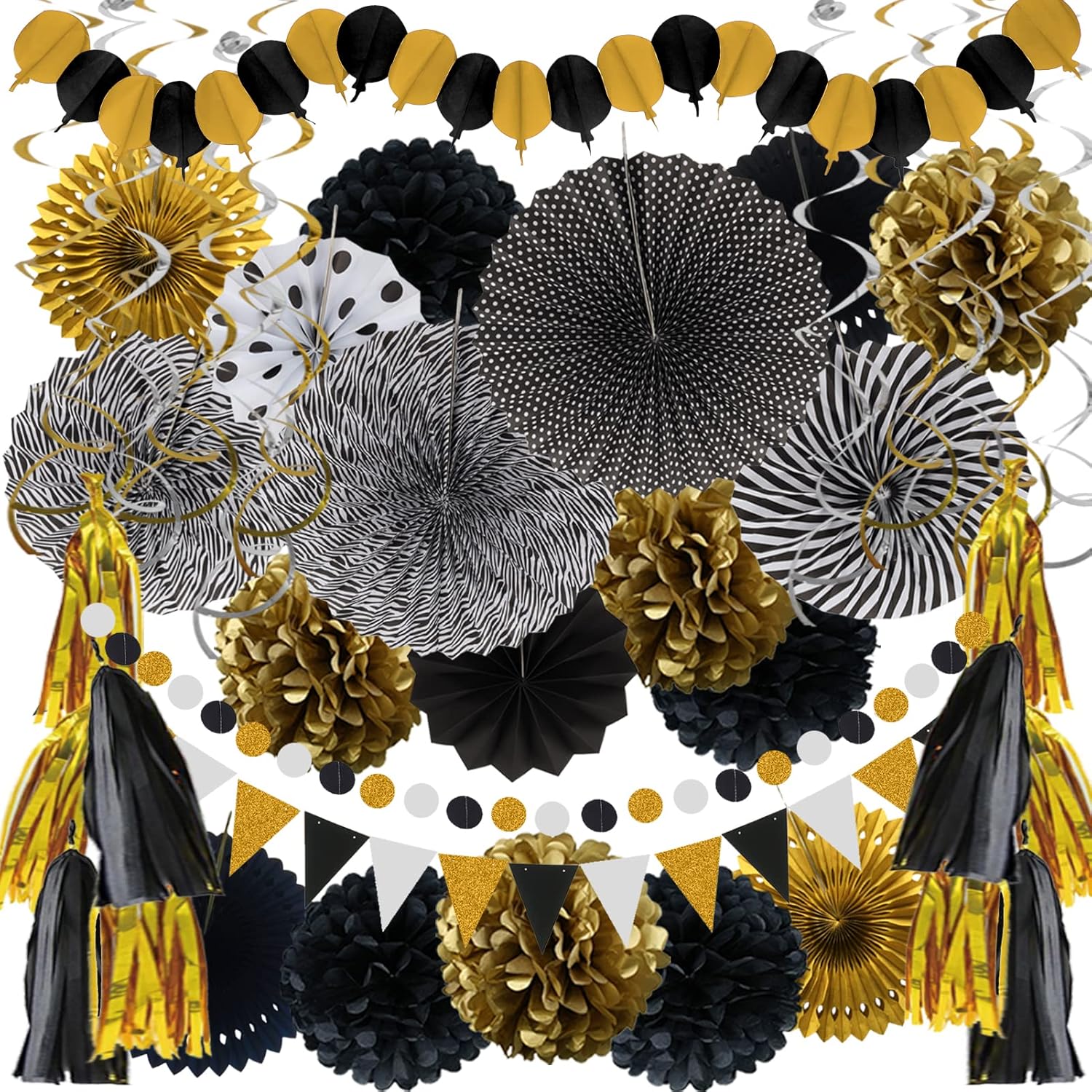 ZERODECO Party Decorations, 41 Pcs Black and Gold Papar Fans Pompoms Garlands St...