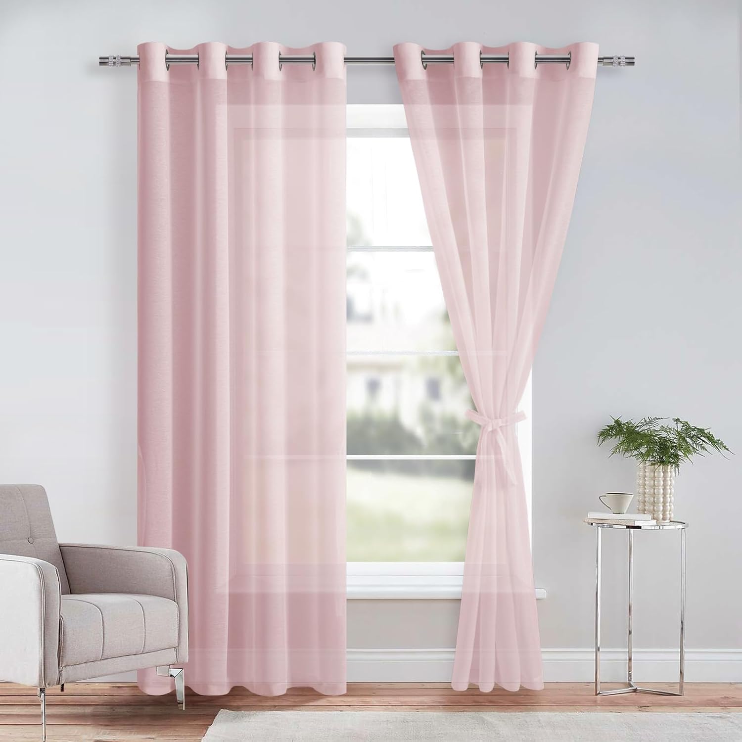 DWCN Blush Pink Sheer Curtains with Tiebacks Semi Transparent Voile Grommet Curt...