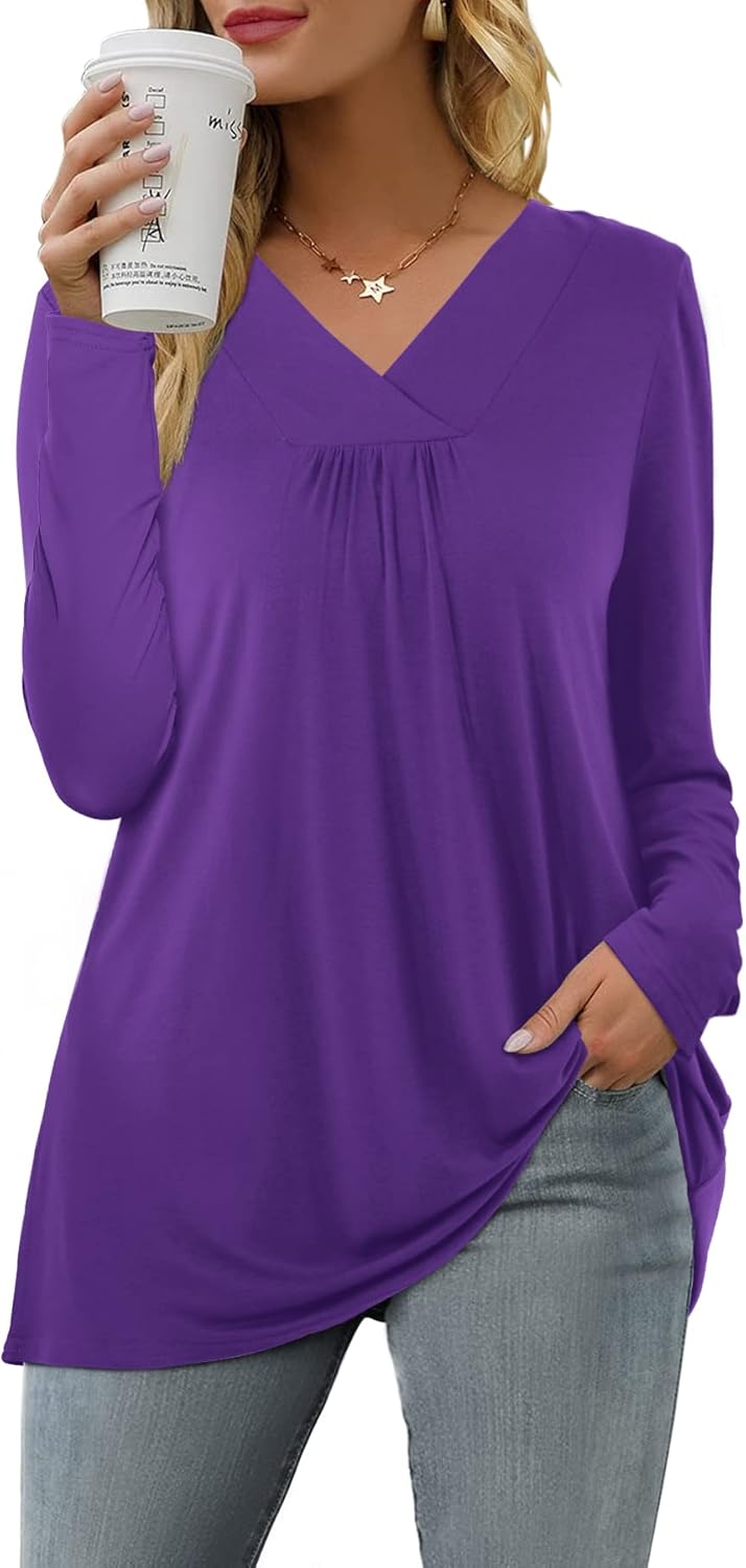 Florboom Womens Casual Tunic Tops Long Sleeve V Neck T-Shirt Loose Pleated Longi...