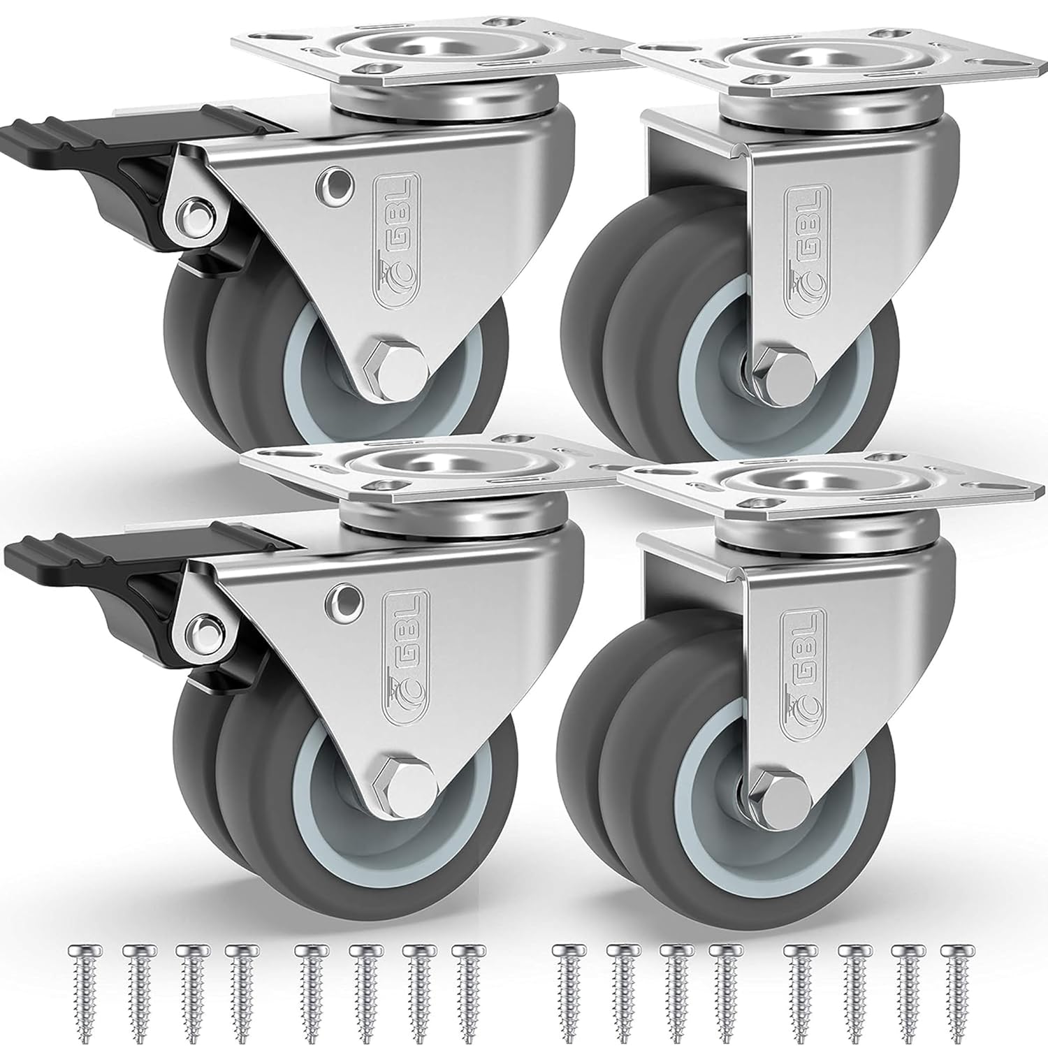 GBL Heavy Duty Castor Wheels with 2 Brakes + Screws - 50mm up to 400KG - Pack of...