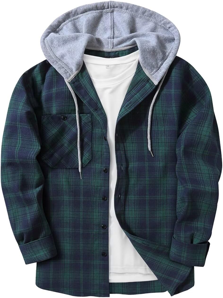 JACKETOWN Men's Hooded Check Shirts Long Sleeve Button Down Lumberjack Casual Re...
