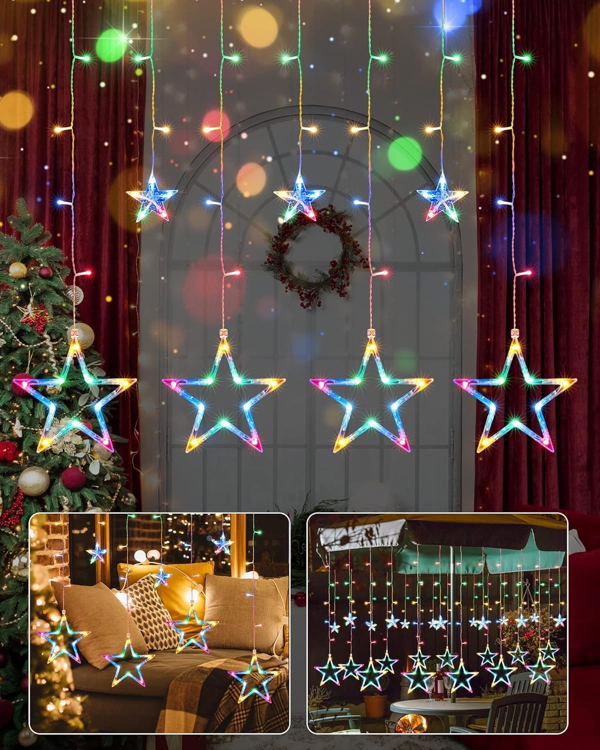 iShabao Christmas Star Curtain Lights, 138 LED Curtain Fairy Lights with 12 Star...