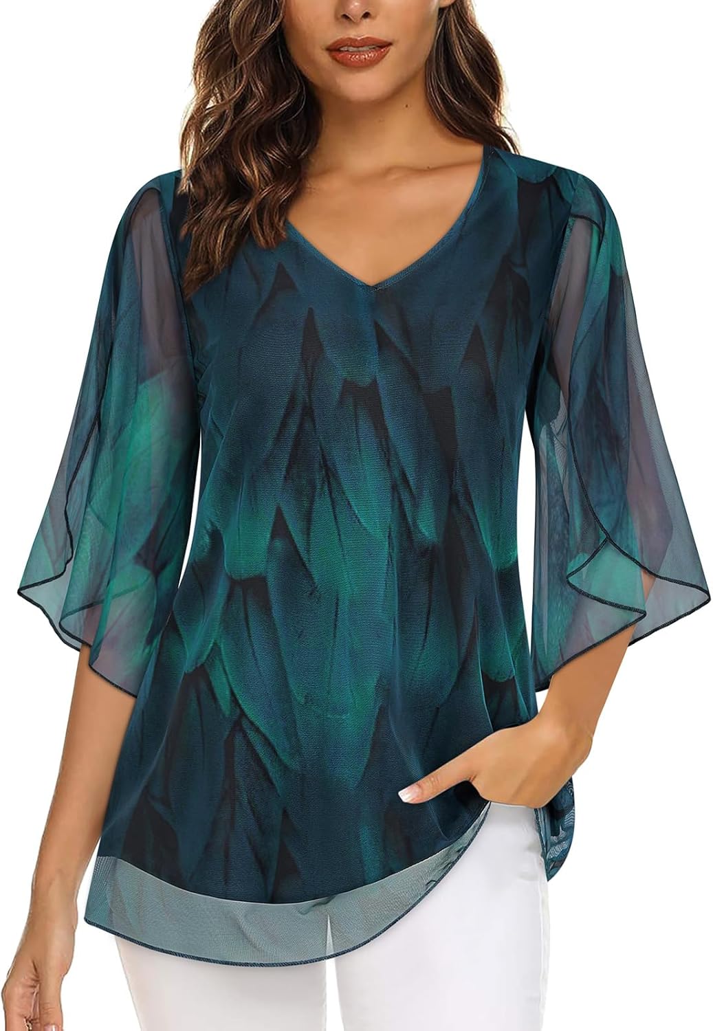 Syphiby Womens Overlap Ruffle Sleeve V Neck Elastic Mesh Blouse Loose Flowy Tuni...
