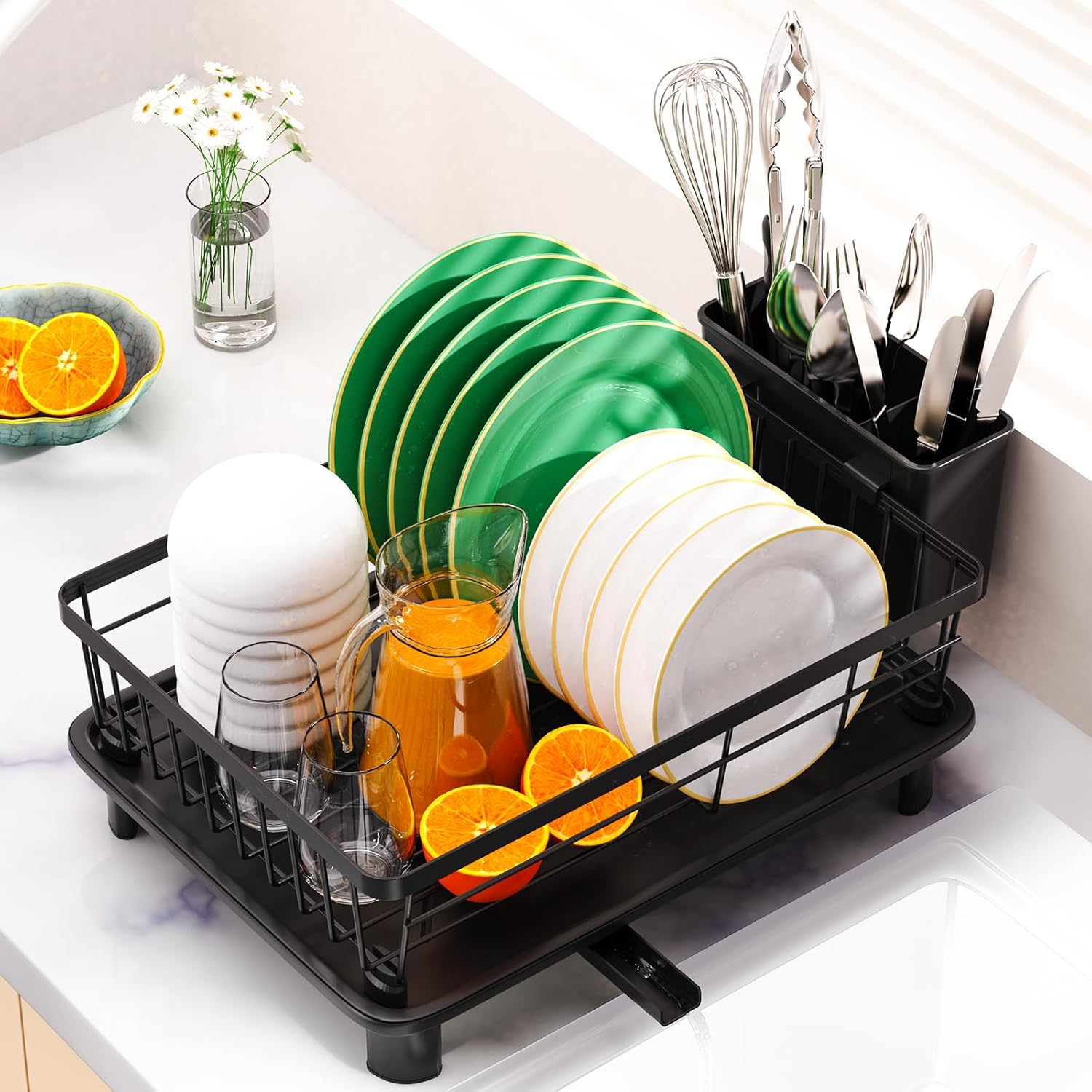 Dish Drainer Rack Stainless Steel Dish Drying Rack Kitchen with Drip Tray Space-...