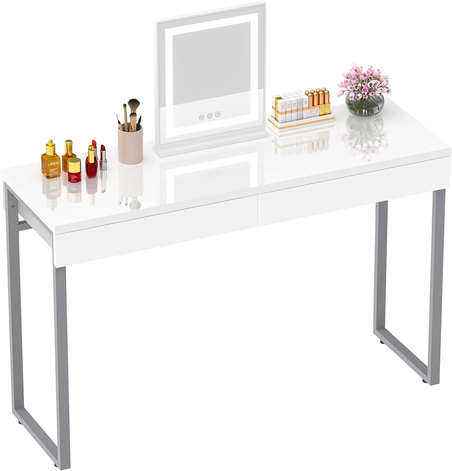 GreenForest Dressing Table with 2 Drawers Glossy White 100 x 40 cm Home Office C...