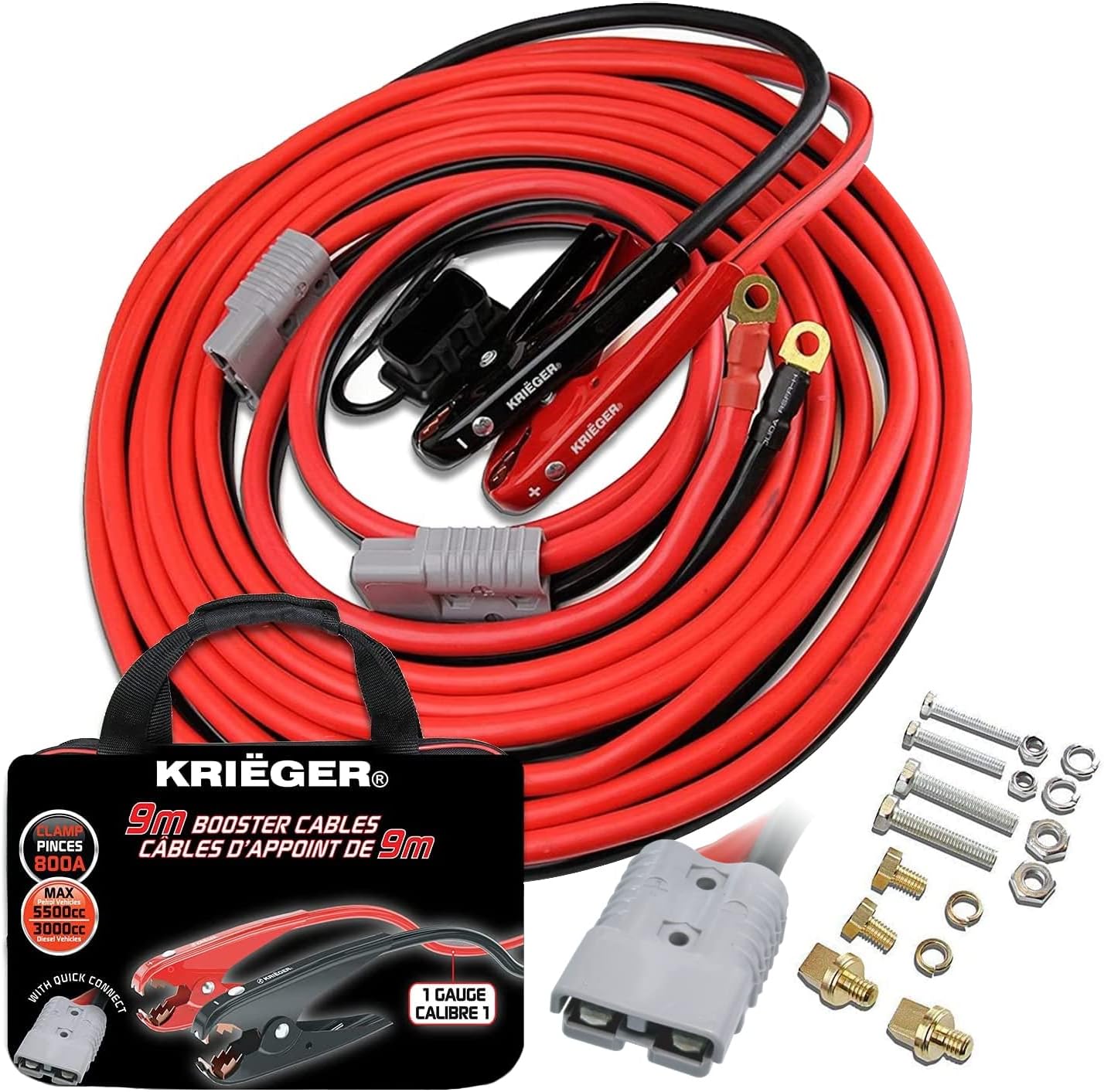 KRIEGER Jump Leads for Car Battery, 9 Meters, 50mm², 800Amp for Permanent Instal...