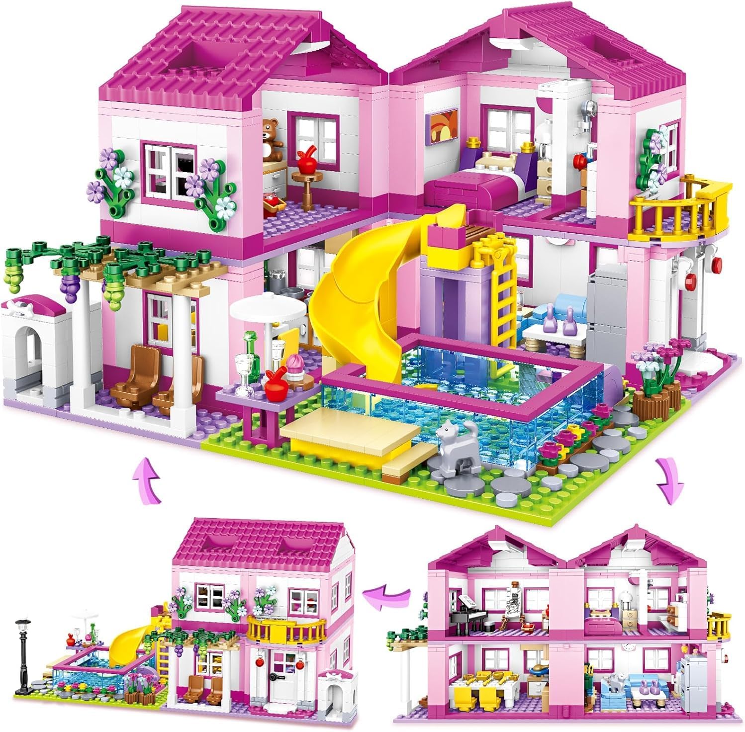 QLT Pink Girls Summer Villa Friends House Building Set Compatible with Lego Frie...
