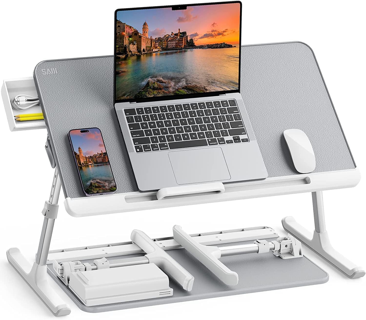 Laptop Bed Table, SAIJI 100% Eco-friendly wooden planks, Laptop Stand with Drawe...