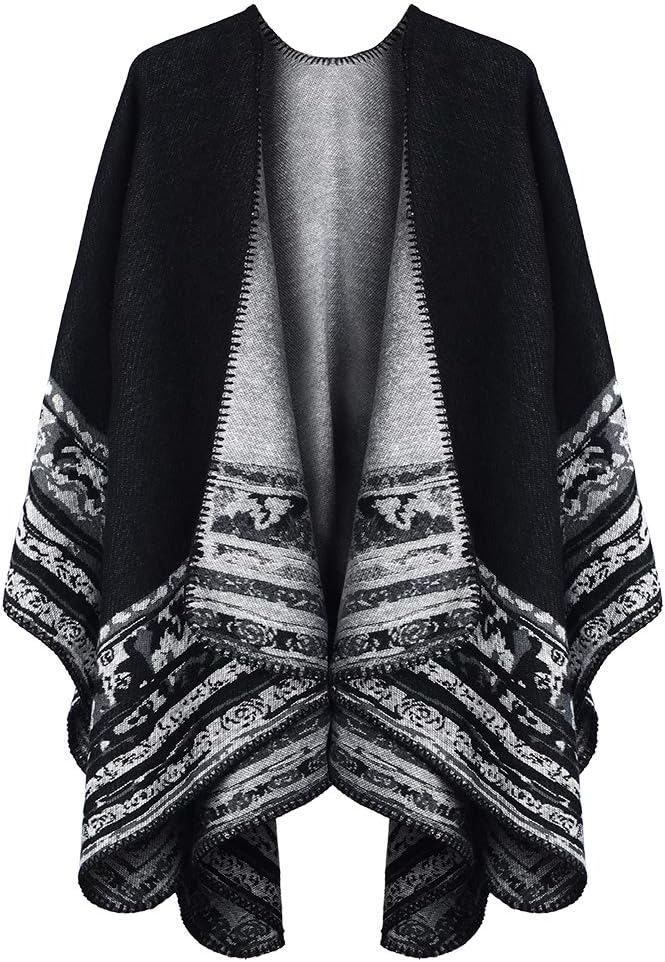 OOPOR Winter Shawl Wraps Poncho Cape - Women’s Warm Open Front Printed Reversibl...