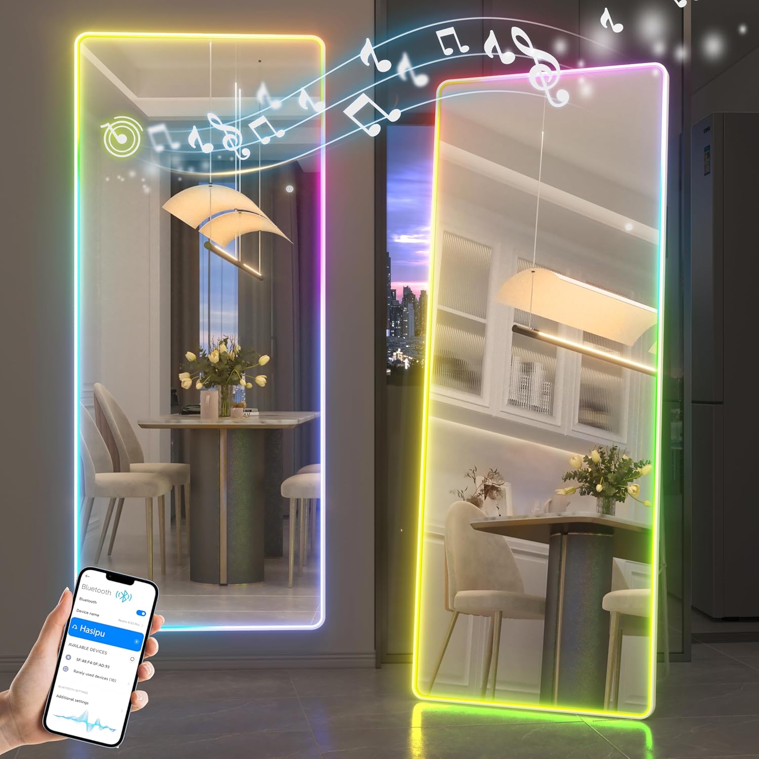 Hasipu 73"x28" LED Full Length Mirror with Stand, Full Body Mirror with Bluetoot...