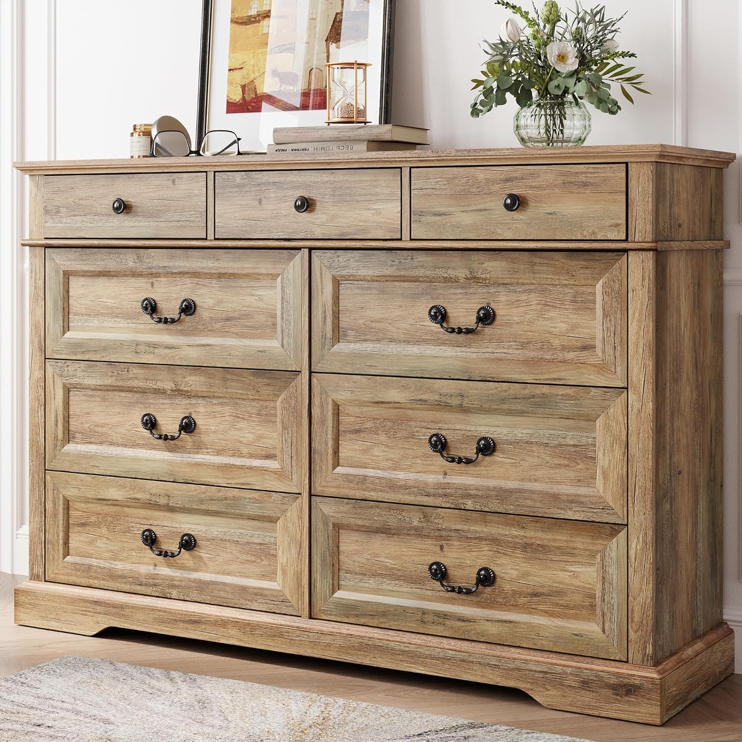 LINSY HOME Farmhouse 9 Drawers Dresser for Bedroom, Wood Bedroom Dresser Farmhou...