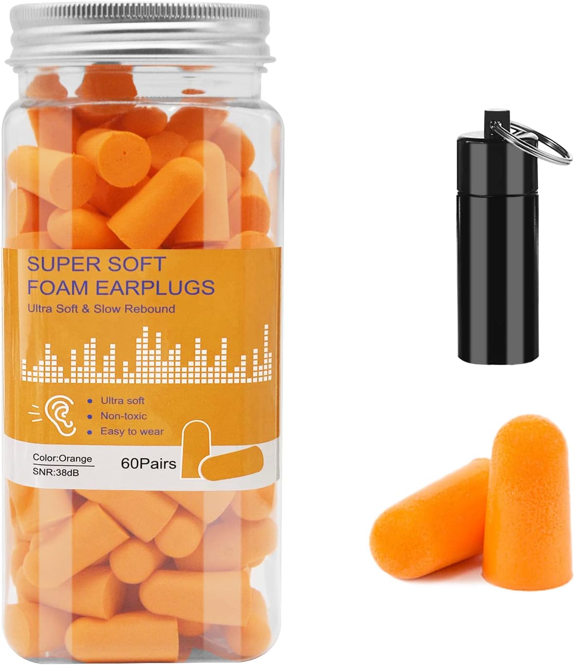 Soft Foam Ear Plugs with Aluminum Carry Case, 60 Pairs - 38db Noise Reduction Sp...