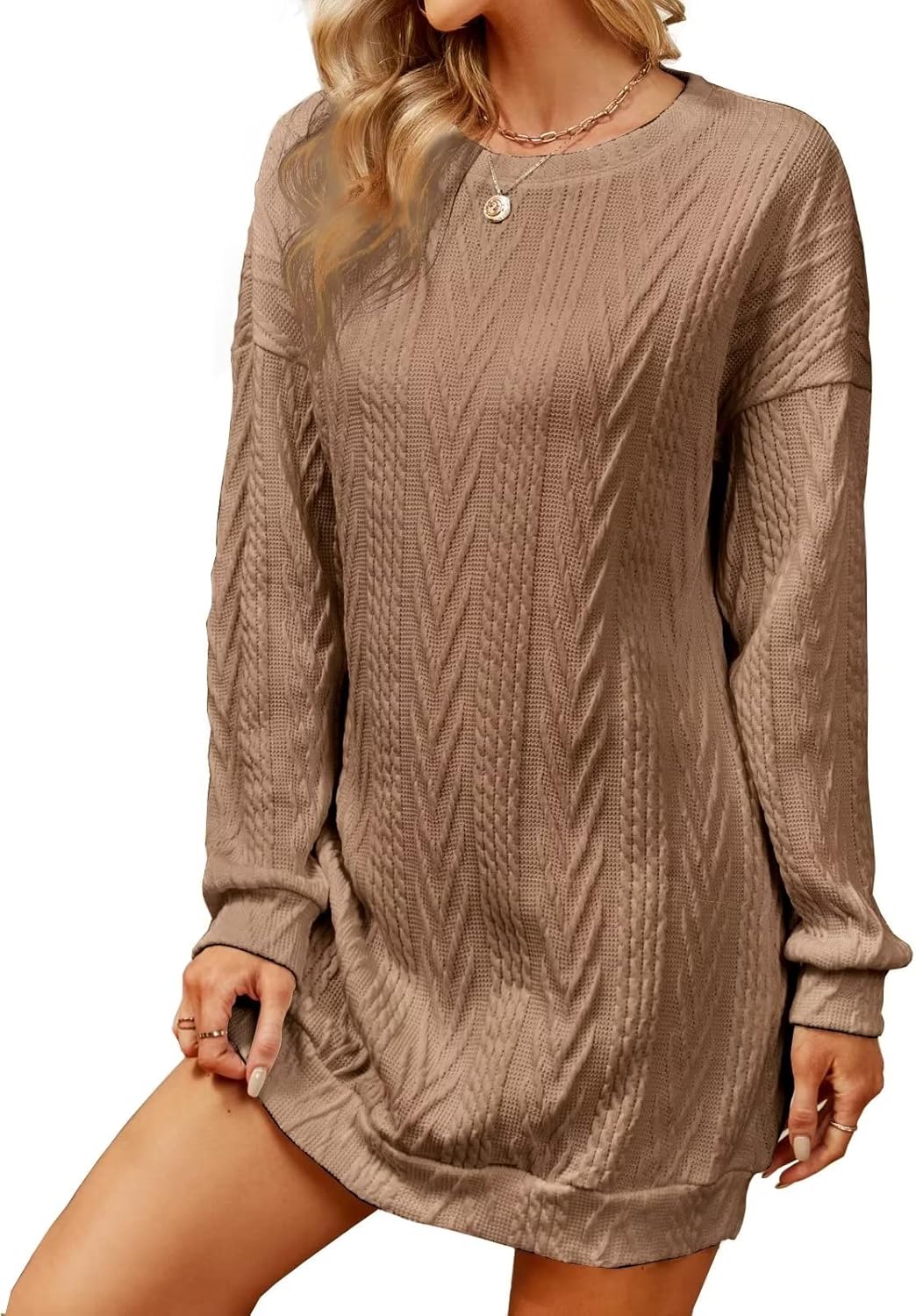 VIMPUNEC Sweater Dress, Unique Crewneck Cable Knit Dress, Special Long Sleeve Dr...
