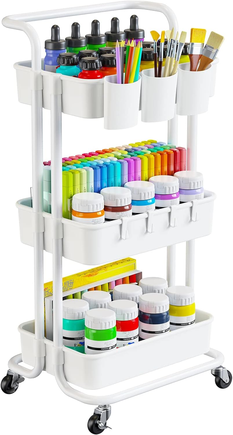 Pipishell 3-Tier Rolling Cart with Wheels - Rolling Storage Cart with Hanging Cu...
