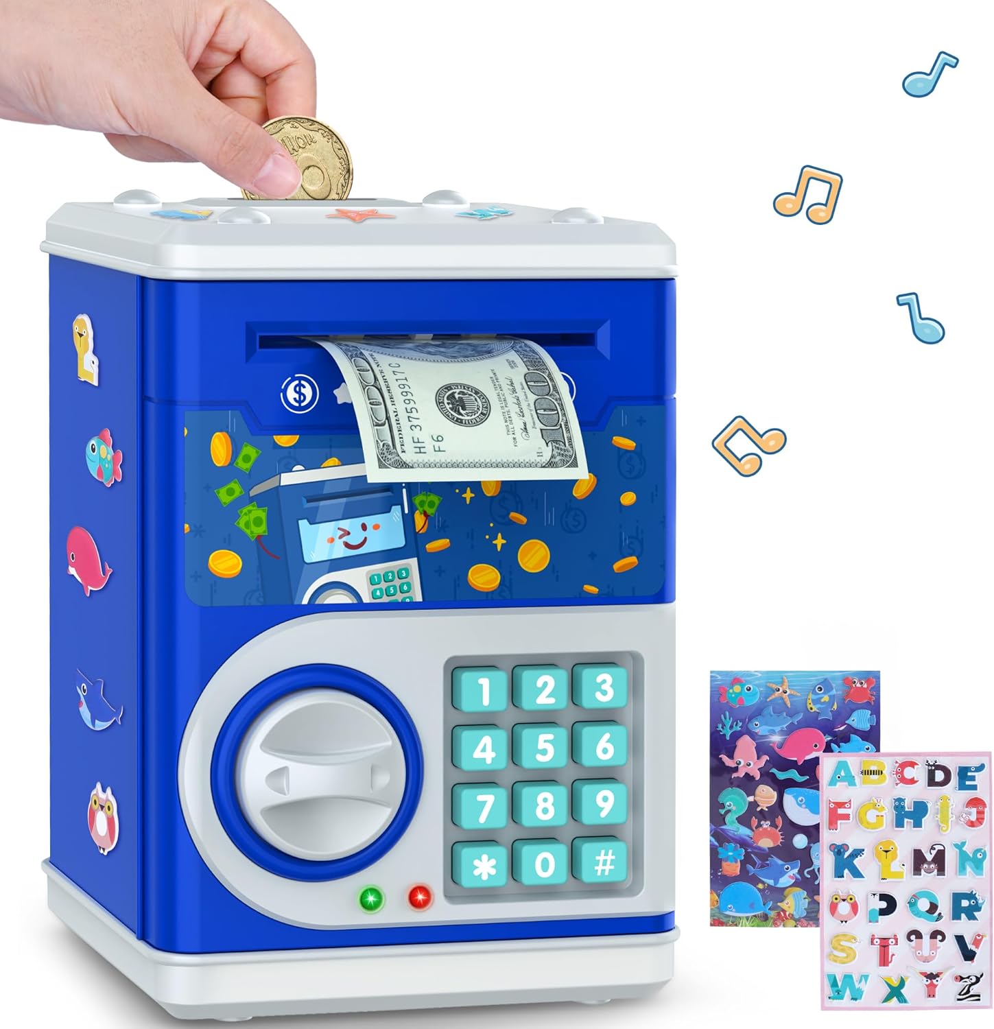Dark Blue Piggy Bank for Kids with Password Code Lock and Auto Grab Bill Slot, P...