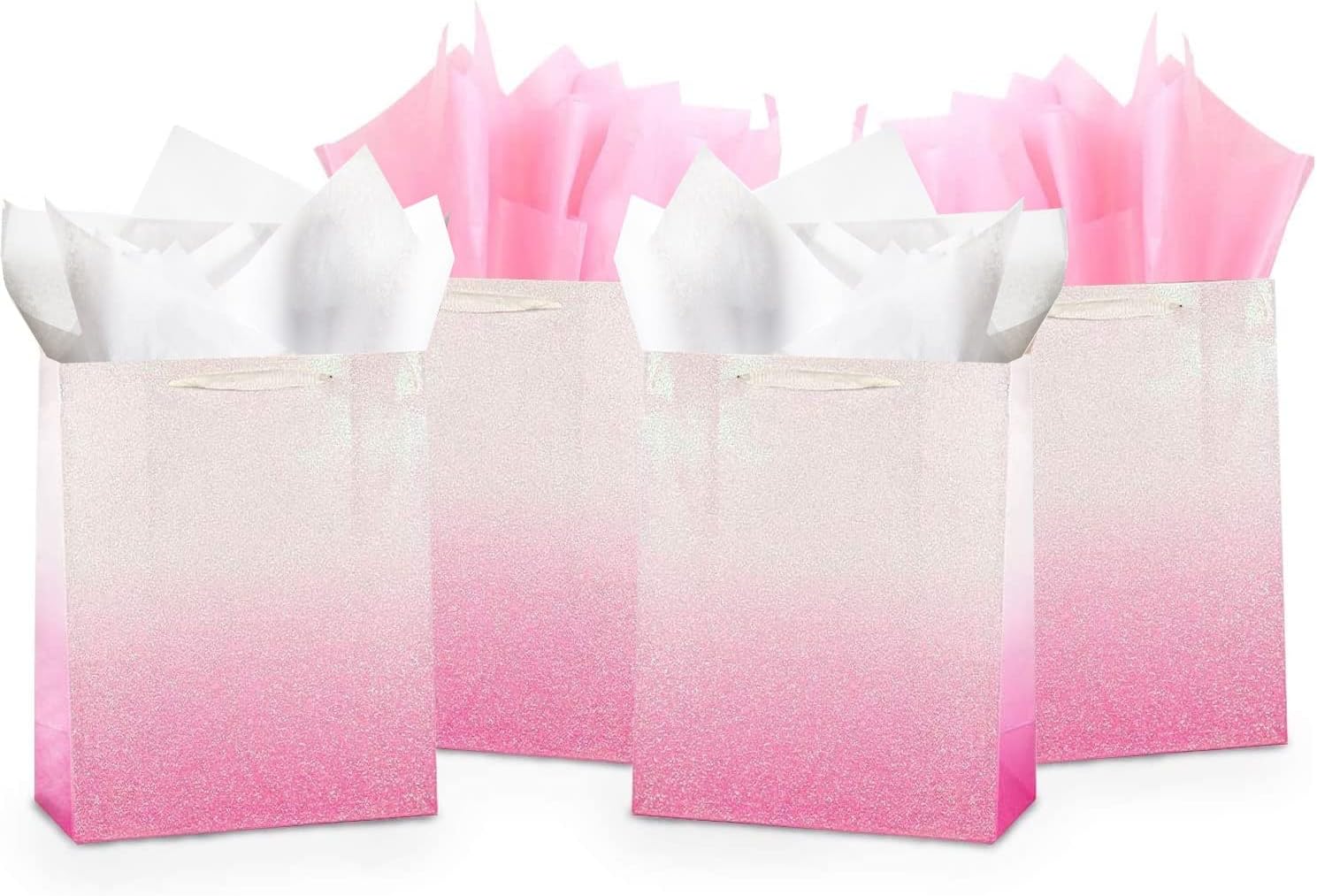 UNIQOOO 12Pcs Pink Glitter Ombre Gift Bags Bulk, 100% Recyclable Gift Wrapping P...